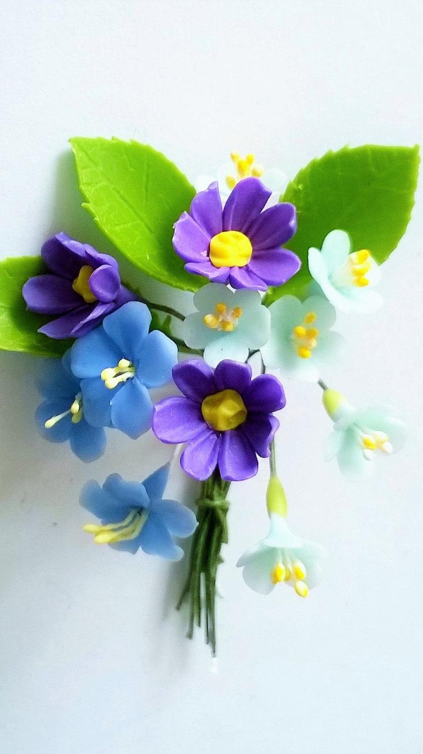 زفاف - Miniature Roses Handcrafted Polymer Clay Supplies, Wild Flowers and Leaves 12 stems