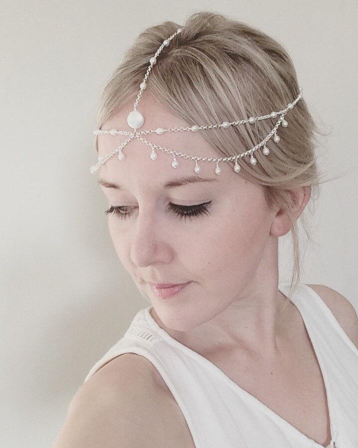 زفاف - Bridal boho headchain, freshwater pearl hair accessory, bridal headpiece, wedding hair jewelry, boho wedding forehead chain