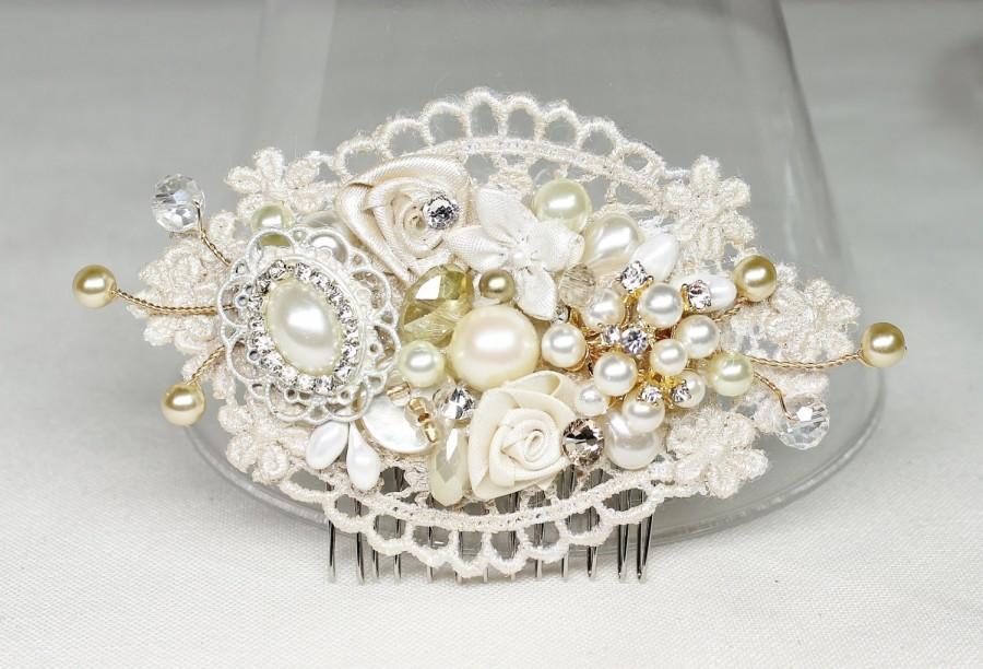 Mariage - Gold & Ivory Bridal Comb- Lace Hair Clip- Bridal Hair Comb- Wedding Hair Accessories- Gold Bridal Comb- Pearl Hairpiece- Wedding Hair Comb
