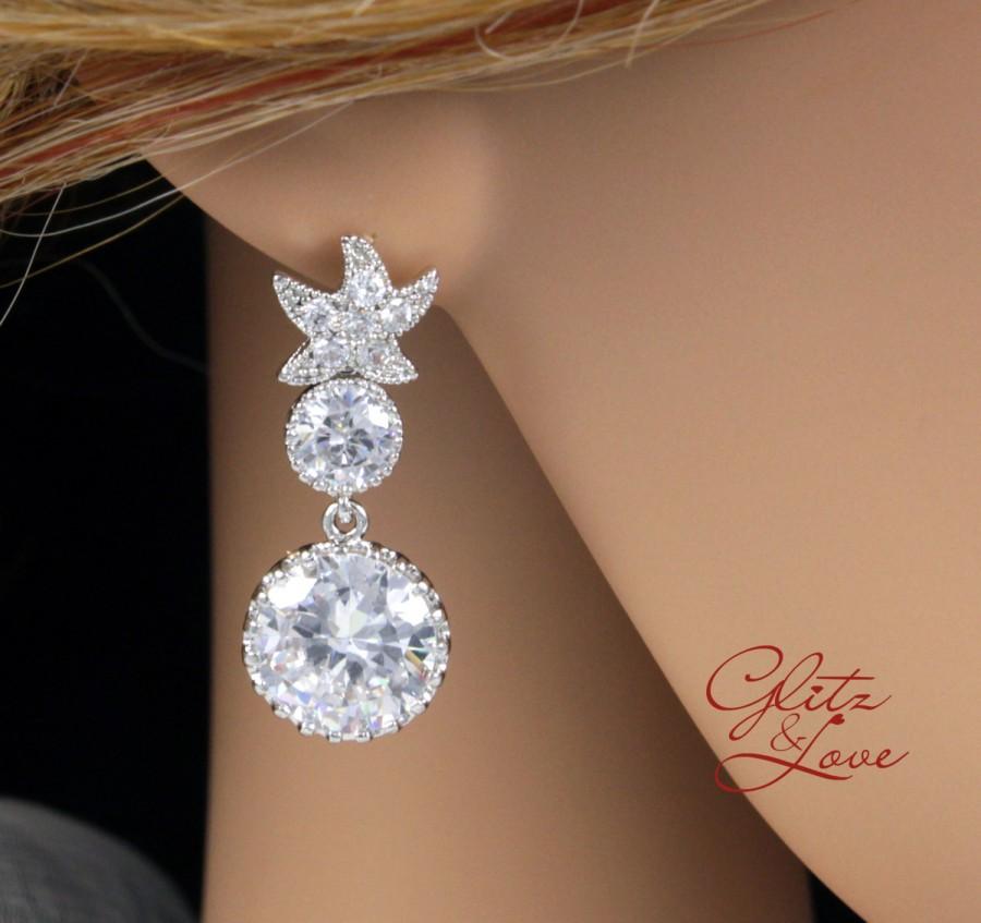 Wedding - Star - Crystal Star Ear Post with Crystal Teardrop, Bridal, Crystal Wedding Earrings, Bridesmaids, Cubic Zirconia Earrings, Beach Wedding