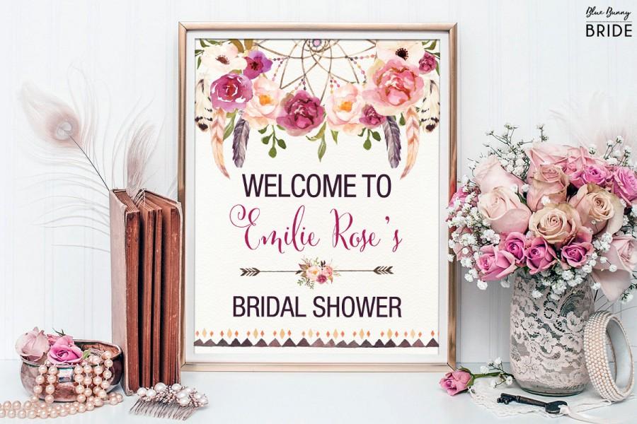 زفاف - Bohemian Floral Bridal Shower Welcome Sign. Rustic Feathers. Red Pink Flowers. Boho Bridal Shower Decor. Dreamcatcher Decoration. FLO13