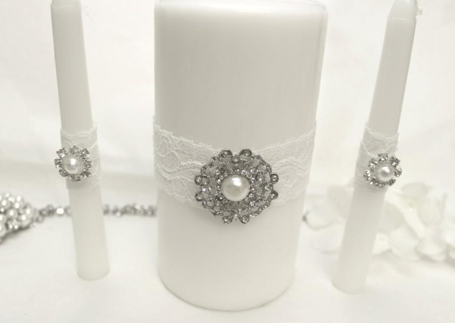 Mariage - Unity candles wedding - Winter wedding snowflake unity candles, white OR ivory - Pearl and rhinestone unity candle set with lace and bling,