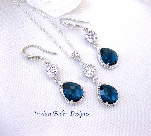 Свадьба - BLUE WEDDING Jewelry Set SAPPHIRE Blue Necklace and Earrings Bridal Prom Mother of the Bride Maid of Honor