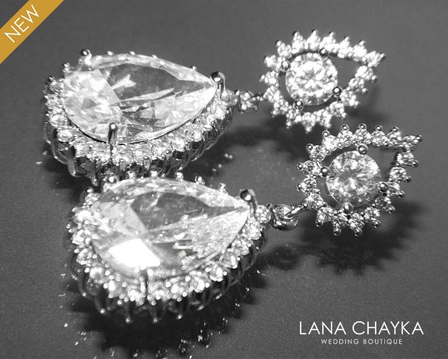 Wedding - Cubic Zirconia Teardrop Bridal Earrings Wedding Crystal Earrings CZ Dangle Earrings Bridal Jewelry Vintage Style Earrings Prom CZ Earrings - $39.00 USD