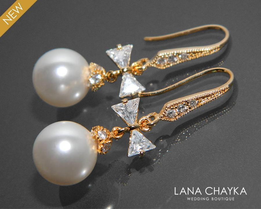 Wedding - White Pearl Gold Bridal Earrings Swarovski Pearl Gold Bow Earrings Wedding Gold CZ Pearl Dangle Earrings Bridal Pearl Jewelry Prom Earrings - $28.50 USD