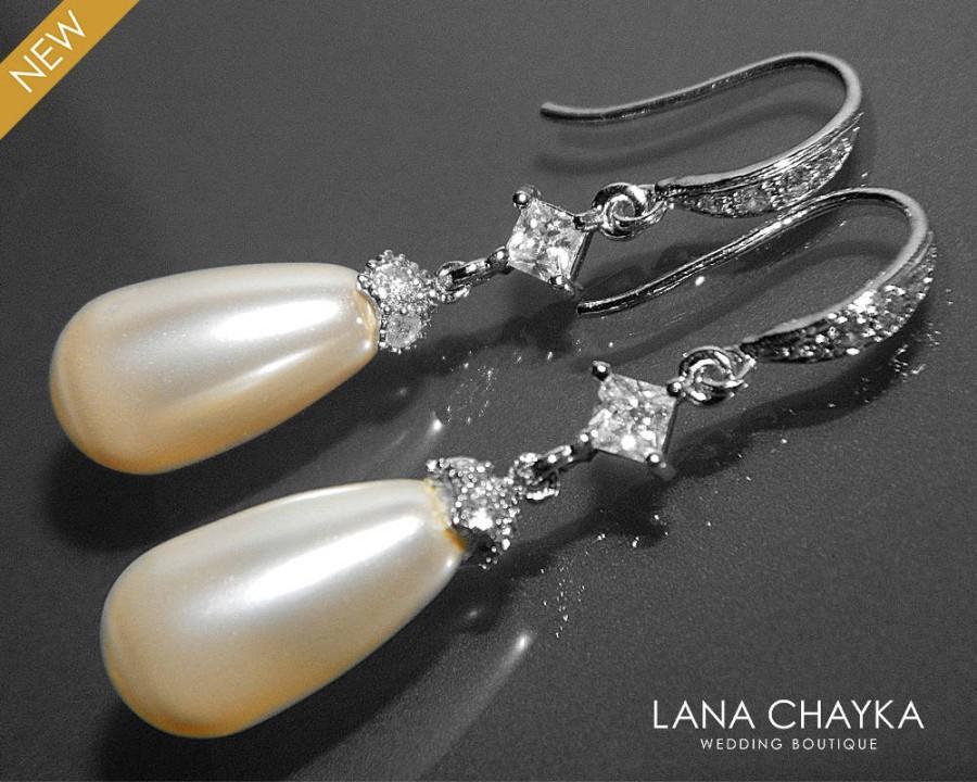 Wedding - Bridal Teardrop Pearl Earrings Swarovski Ivory Pearl Wedding Earrings Pearl CZ Silver Chandelier Earrings Bridesmaids Jewelry Prom Earrings - $31.90 USD