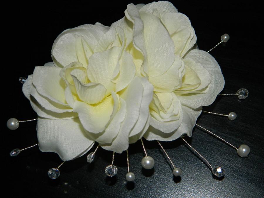 Mariage - White Rose Bridal Hair Clip Flower Fascinator Wedding Floral Pearl Crystal Head Piece Bridal Floral Fascinatos Wedding White Hair Clips - $21.00 USD