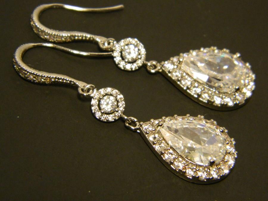 Wedding - Cubic Zirconia Chandelier Earrings Crystal Bridal Earrings Wedding CZ Teardrop Dangle Earrings Sparkly Crystal Halo Earrings Prom Jewelry - $37.90 USD