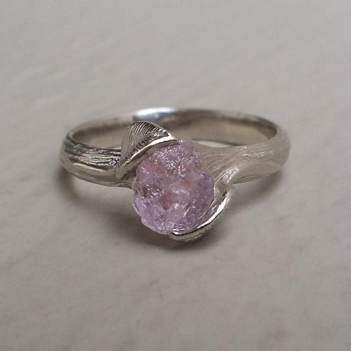 Wedding - Leaf & Twig Engagement Ring - 14k White Gold, Raw Uncut Rough Pink Sapphire, Engagement, Leaf Engagement Ring, Alternative Engagement