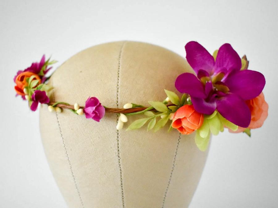 Wedding - Orchid flower crown. Purple and orange floral crown with greenery. Silk floral crown for tropical weddings. Bridesmaids hair wreath.