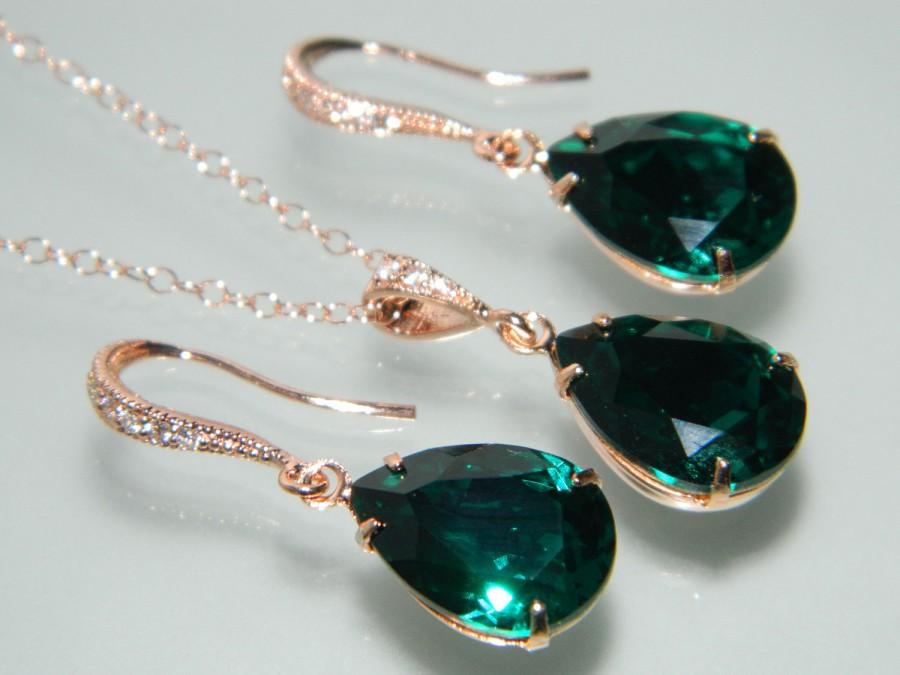 Свадьба - Emerald Green Rose Gold Jewelry Set Emerald Earrings&Necklace Bridal Set Swarovski Emerald Wedding Green Pink Gold Jewelry Set Prom Jewelry - $25.00 USD