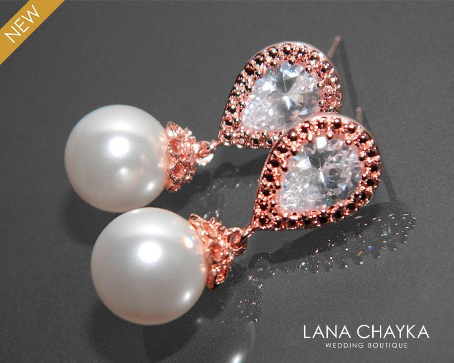 Wedding - White Pearl Rose Gold Bridal Earrings Swarovski 10mm Pearl CZ Pink Gold Earrings Wedding Drop Pearl Earrings Bridesmaid Jewelry Prom Jewelry - $27.00 USD