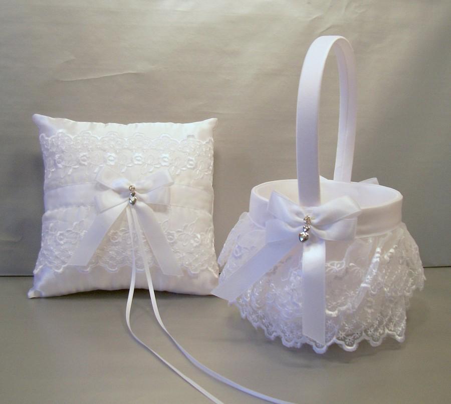 Wedding - White on White Wedding Bridal Flower Girl Basket and Ring Bearer Pillow Set ~ Double Loop Bow & Hearts Charm ~ Allison Line