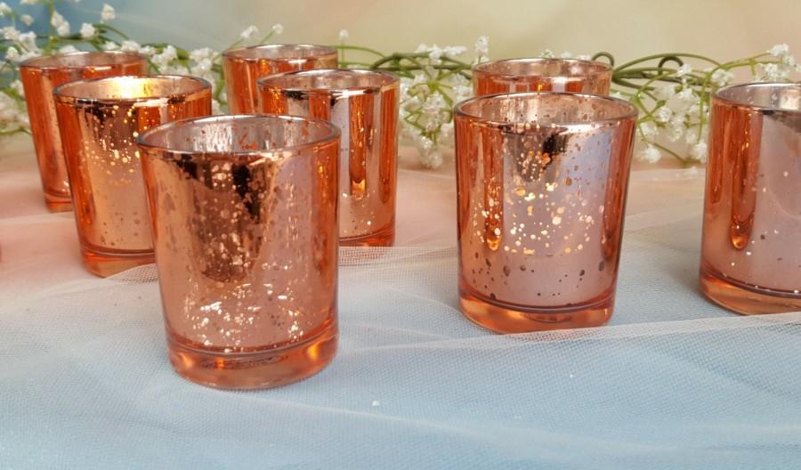 Hochzeit - 12 per/ Rose Gold Mercury Glass Votive Candle Holders / Wedding Reception Decor / Engagement Party / Valentines / Table Centerpeice