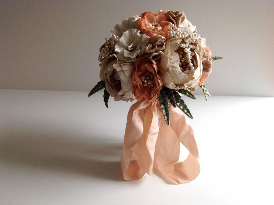 زفاف - Peachy Keen Couture Silk and Silk Velvet Brooch Bouquet