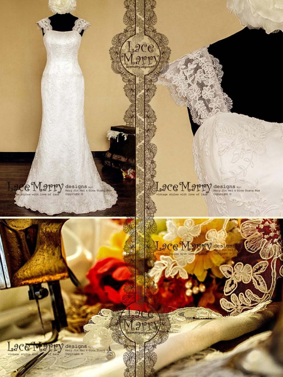 زفاف - Lace Overlay Slim A-Line Style Wedding Dress, Features Mini Cap Sleeve Design Lace Straps with Scalloped Edges