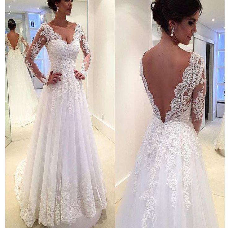 زفاف - Long Sleeve V-Back Lace A-line Vintage Romantic Plush Size Wedding Dress. RG0182