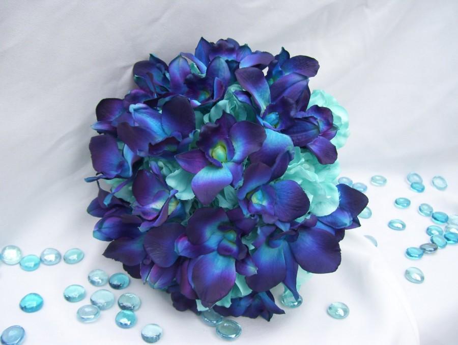 زفاف - Tiffany's Silk  Bridal Bouquet with Turquoise Hydrangeas, Blue Violet Dendrobium Orchids,Galaxy,Singapore