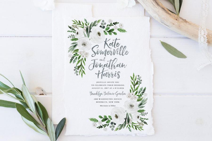Wedding - Wedding Invitation Set, Printable Spring Summer Wedding Invites, Natural White Floral Wedding Invitations, Greenery Watercolor Green Leaves