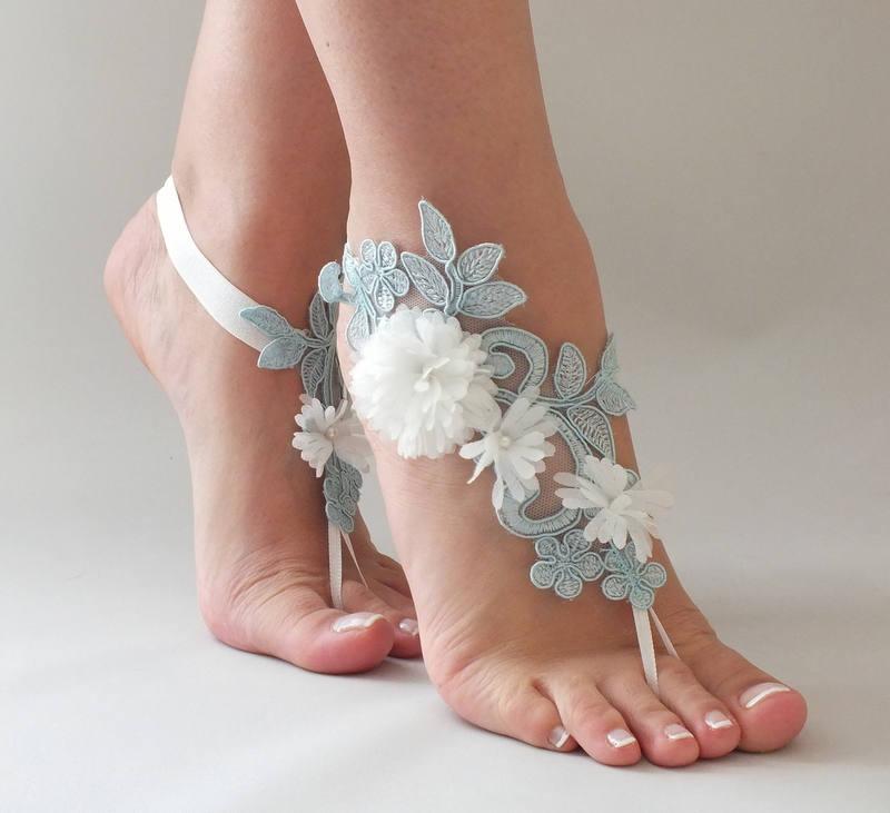 Wedding - Blue Lace Barefoot Sandals 3D ivory Flowers Sandals Beach wedding Barefoot Sandals,Footless sandles Bridal Lace Shoes, Bridesmaid Sandals - $29.90 USD