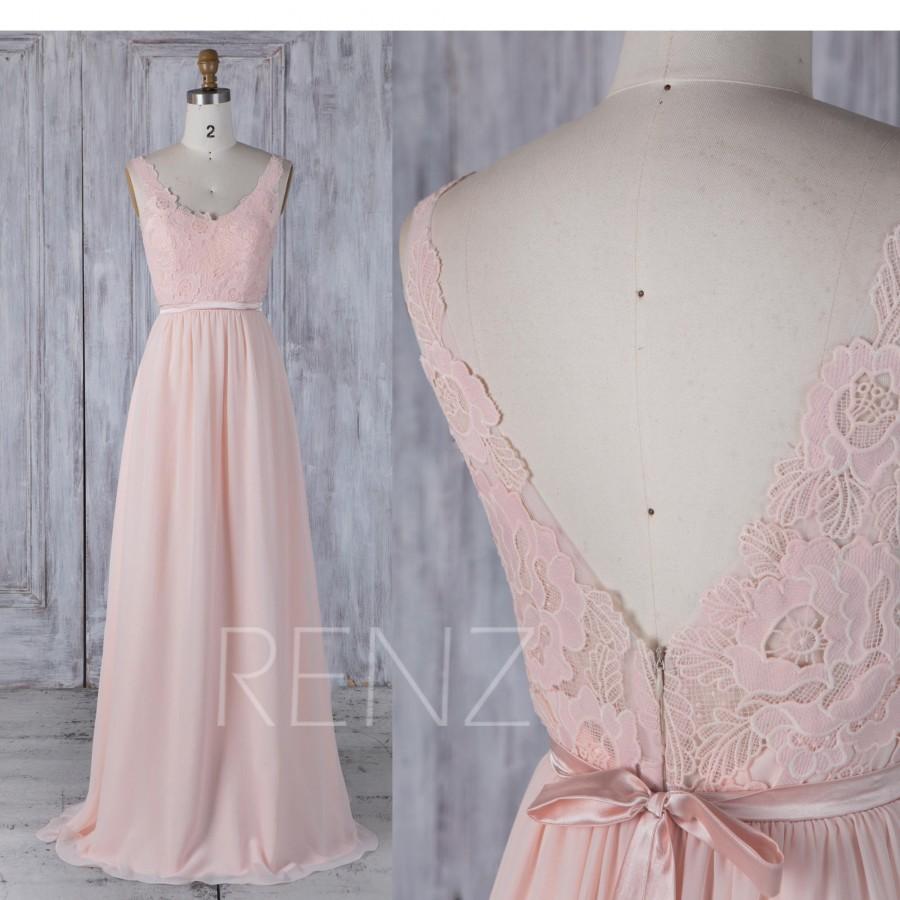 Wedding - 2017 Peach Chiffon Bridesmaid Dress, Lace Scoop Neck Wedding Dress, V Back Prom Dress with Belt, Prom Dress Floor Length (L295)