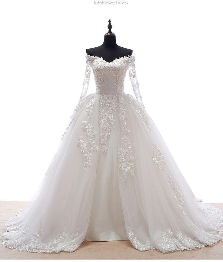 زفاف - V- Neck Long Sleeve Lace Appliques Ball Gown Wedding Dress