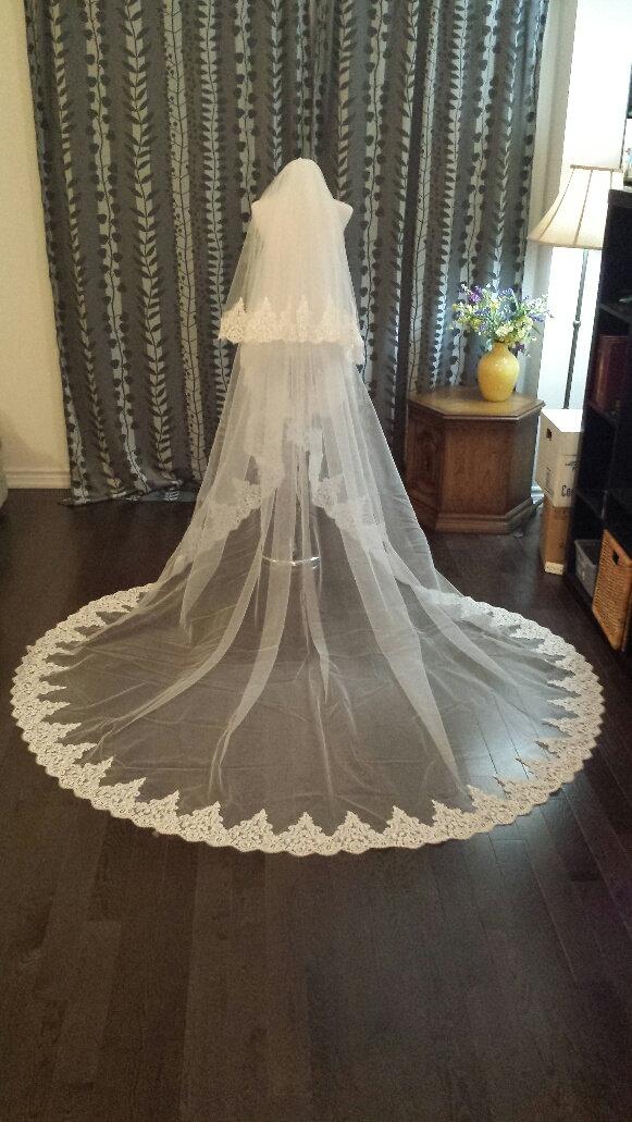 Hochzeit - Full Lace 2-Tier, 108" Wide, 3M Cathedral Veil, Alencon Lace All Around Edge, w/Blusher, Off-white, Metal Comb, MADE TO ORDER (V13-2T3M)