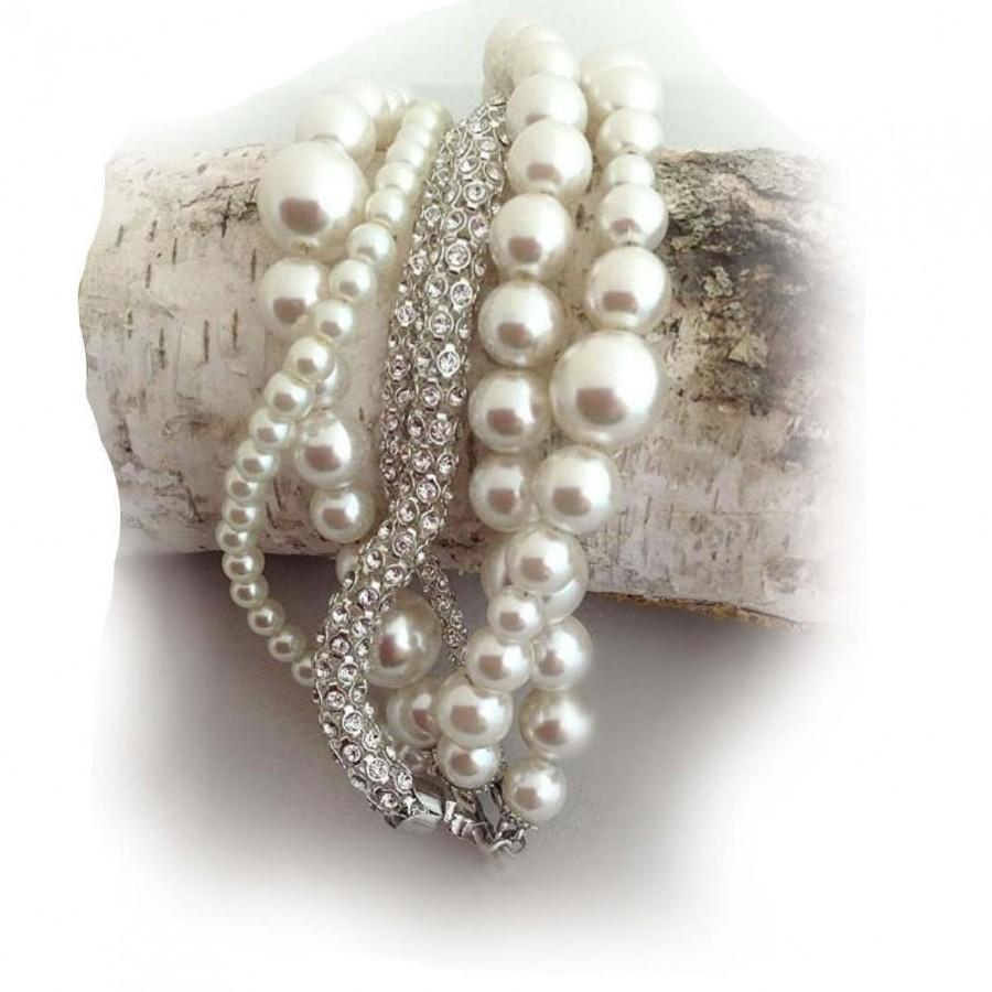 Wedding - Ivory Layered Glass Pearl Bridal Bracelet, Bridesmaid Gift Bracelet, Pearl and Rhinestone Wedding bracelet - $79.00 USD