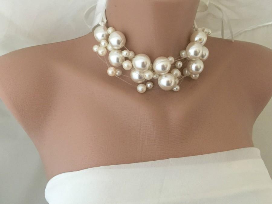 زفاف - Handmade Brides Statement Pearl Choker , Weddings Pearl Necklace with Satin Ribbon - $68.00 USD