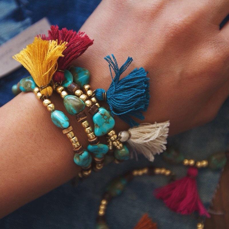 زفاف - TTB-01, handmade turquoise and gold beads tassle bracelet