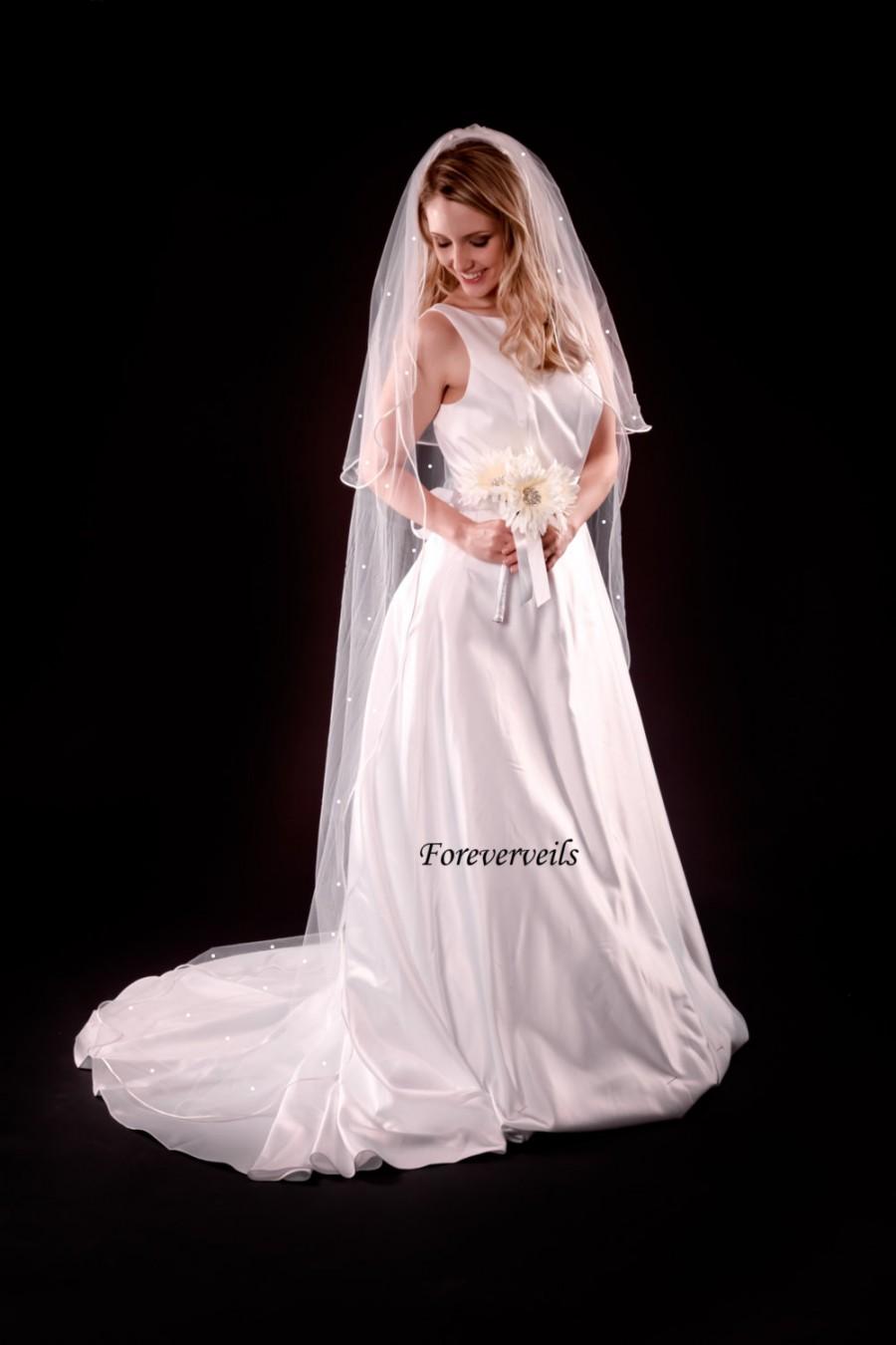 Hochzeit - Cathedral  veil with RHINESTONES 2 Tier bridal veil flowing white, ivory, diamond white, champagne satin edge