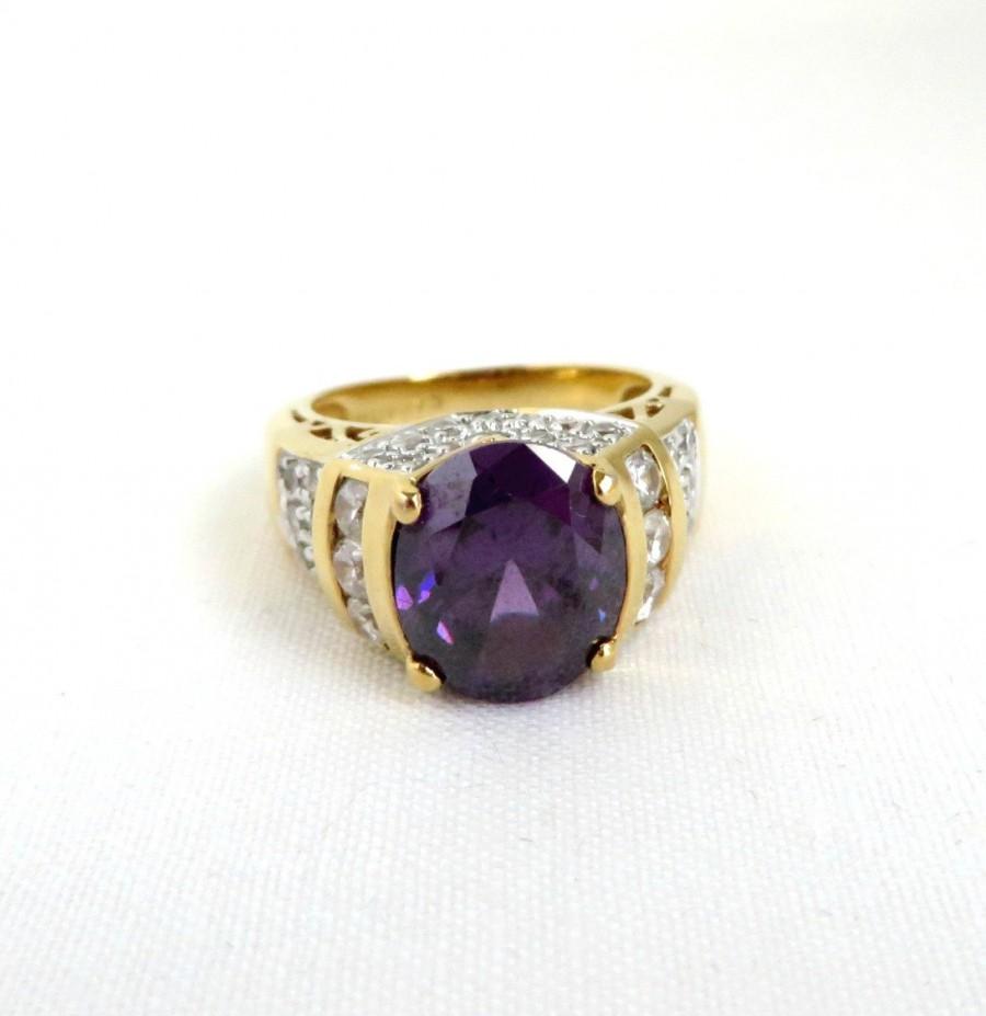 Wedding - Amethyst CZ Gold Plated Silver Ring, Vintage Purple CZ Sterling Silver Ring, Engagement Ring, Size 6
