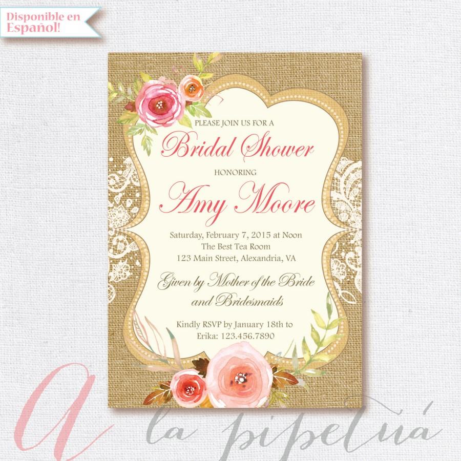 Wedding - Bridal Shower Invitation. Burlap and lace bridal shower. Printable Bridal Shower invitation. Burlap bridal invite. Spring bridal shower
