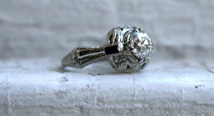 زفاف - Gorgeous Antique 18K White Gold Diamond and Sapphire Engagement Ring - 1.31ct.