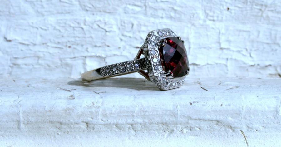 Hochzeit - Vintage 18K White Gold Diamond and Pink Tourmaline Halo Ring - 3.77ct.