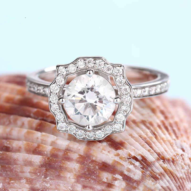 زفاف - Unique Moissanite ring,Halo Moissanite engagement ring 14K Solid White Gold Pave diamond ring Promise Half Eternity band Mothers day gift
