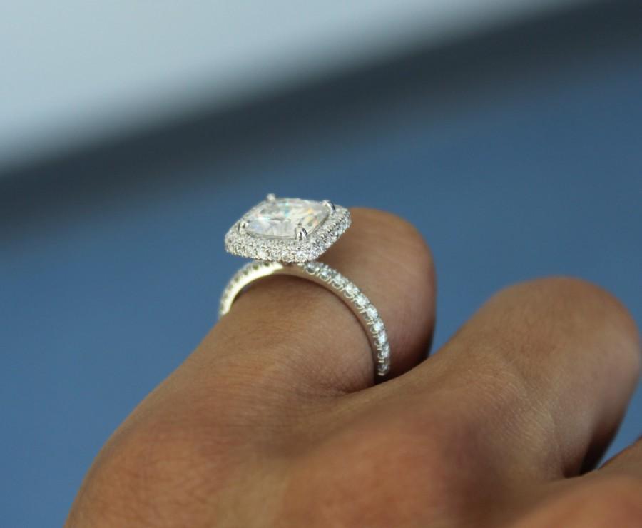 Wedding - 7.5mm (2.2 Carat) Cushion Forever One Moissanite & Diamond Pave Double Sided Halo Engagement Ring 14k, 18k or Platinum, Moissanite Rings