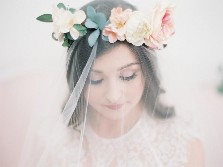 Wedding - The Savannah Floral Crown created with blush pink english roses, peach and ivory blossoms and soft sage eucalyptus greenery