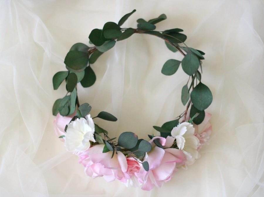 Wedding - The Leighton Flower Crown created with dried eucalytpus leaves, pink roses, lilacs and white wild cosmos