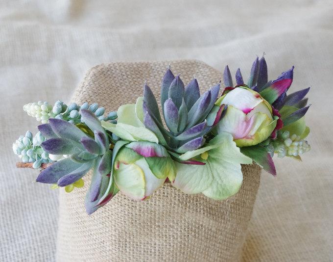 Hochzeit - Succulent Greens and Peonies Flower Hair Wreath Adjustable Wedding Bridal Hair halo - Rustic or Shabby Chic Bride Photography Prop