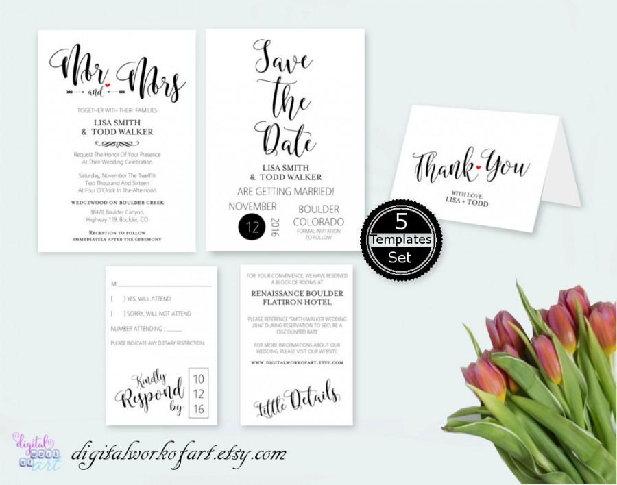 Mariage - Wedding Invitation Template Printable, DIY Rustic Wedding Kraft Invitation Template Set, Mr and Mrs,  digital instant download, editable PDF