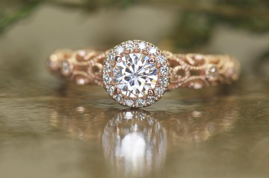 Mariage - Round Halo Forever One Moissanite and Diamond Engagemetn Ring in 14k Rose Gold, 0.50ct Center, Art Deco and Filigree and Milgrain, Ashlyn
