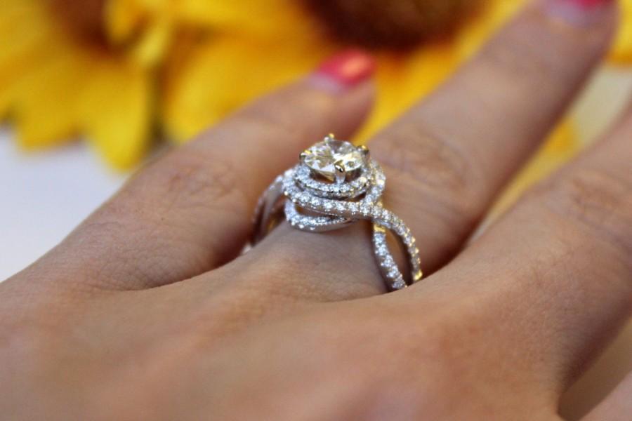 Hochzeit - Forever Brilliant Moissanite Engagement Ring , White gold diamond swirl design, floral bouquet halo, Moissanite ring,