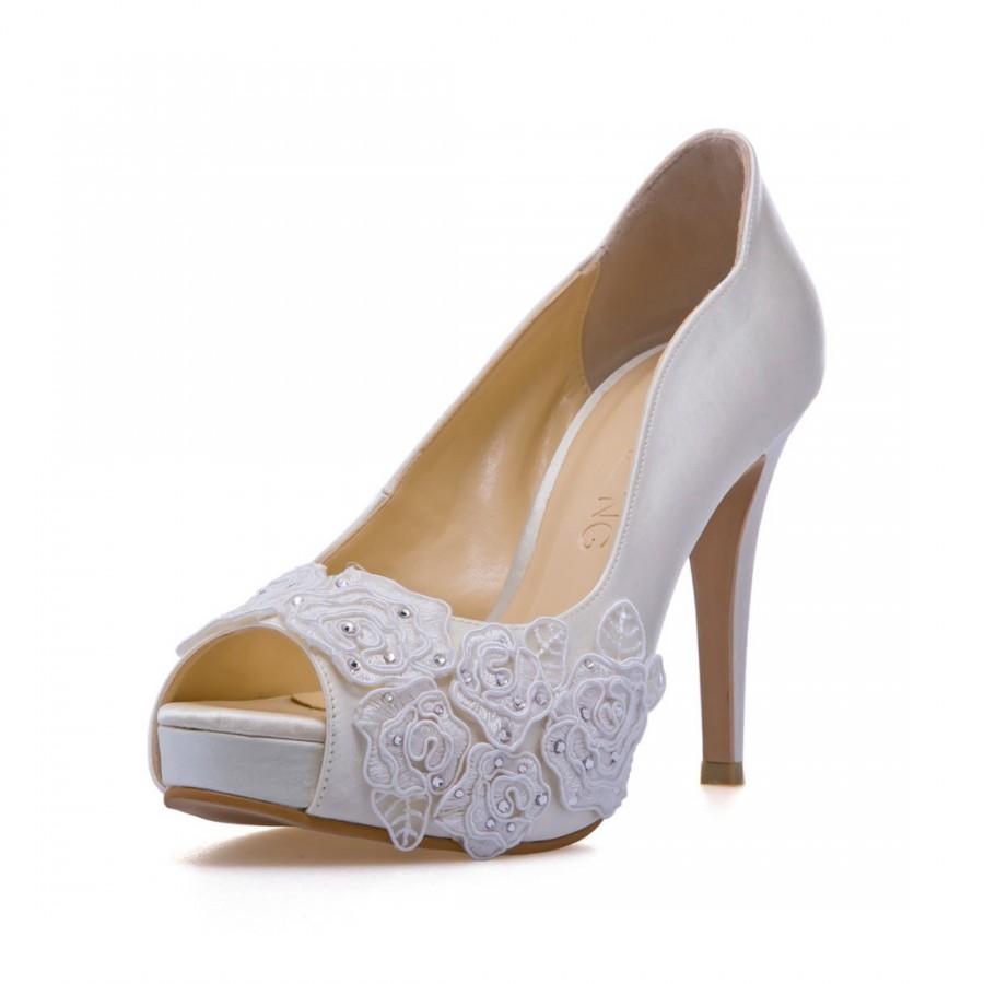 Wedding - Rose Garden V2,Ivory White LaceAdorned Wedding Shoes,Ivory White Bridal Heels,Ivory White Lace Wedding Shoes, Ivory White Pearl Bridal Heels