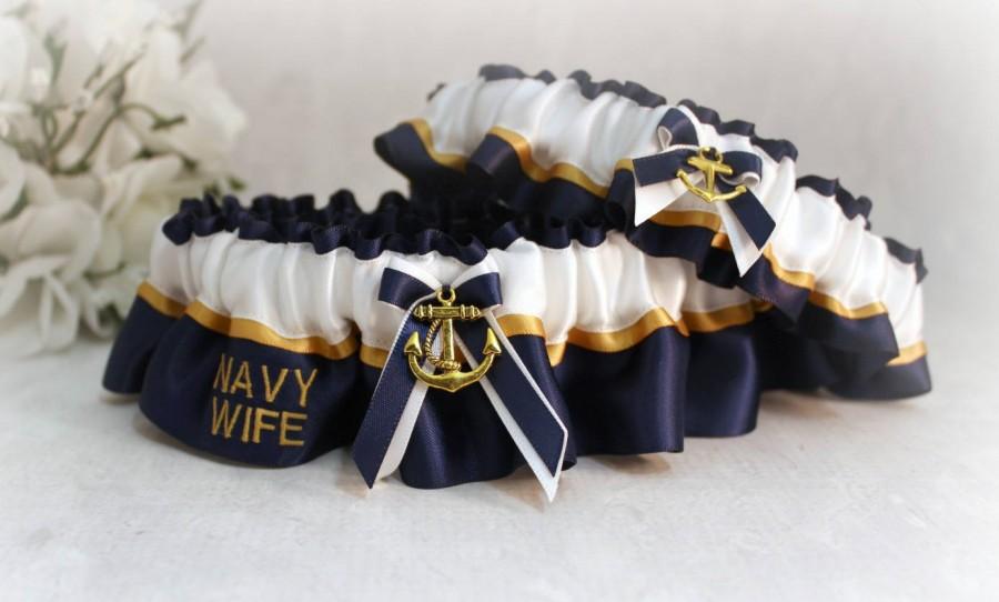 Hochzeit - Military U.S. Navy Wedding Garter Set - Navy Dress Blue Wedding Garters - Something Blue Garters - Navy Wife Wedding Garter set