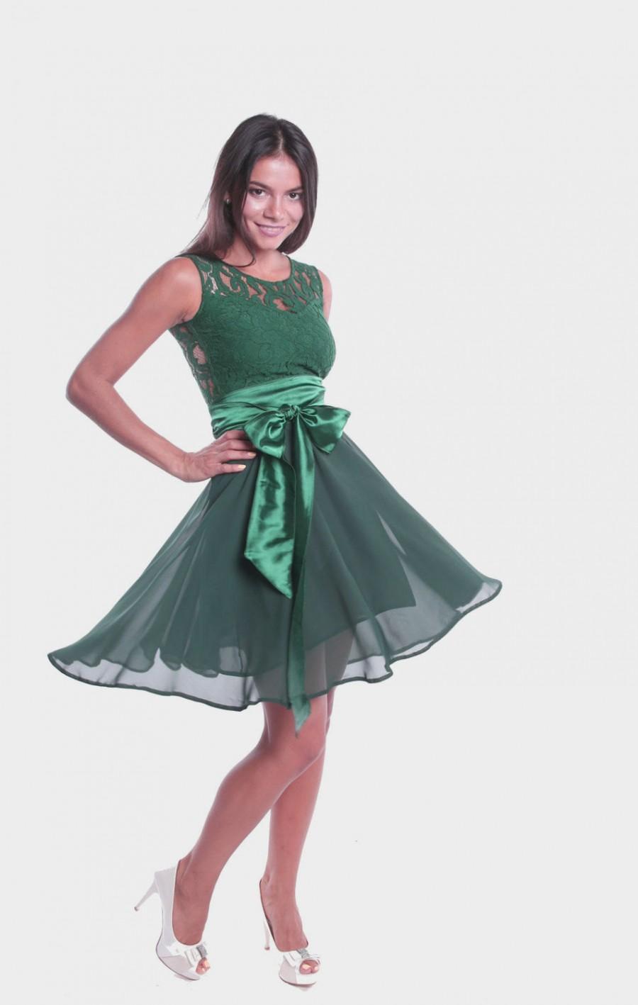 Wedding - Dark Green Bridesmaid Dress flared.Dark Green Wedding Dress Lace Chiffon.With Belt Formal Mini Dress