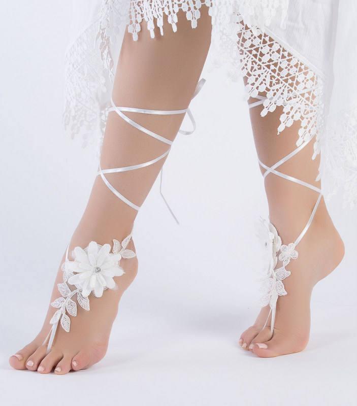 Romantic Lace Barefoot Sandals Ivory Flowers Wedding Shoes Wedding