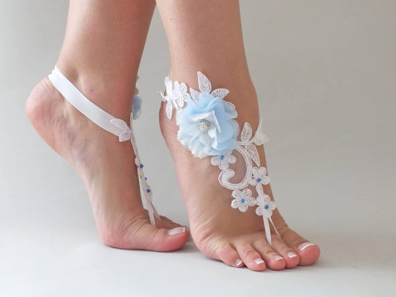 زفاف - White Lace Barefoot Sandals Blue flowers Wedding Shoes Wedding Photography beach wedding barefoot sandals Beach Sandals footless sandles - $28.90 USD