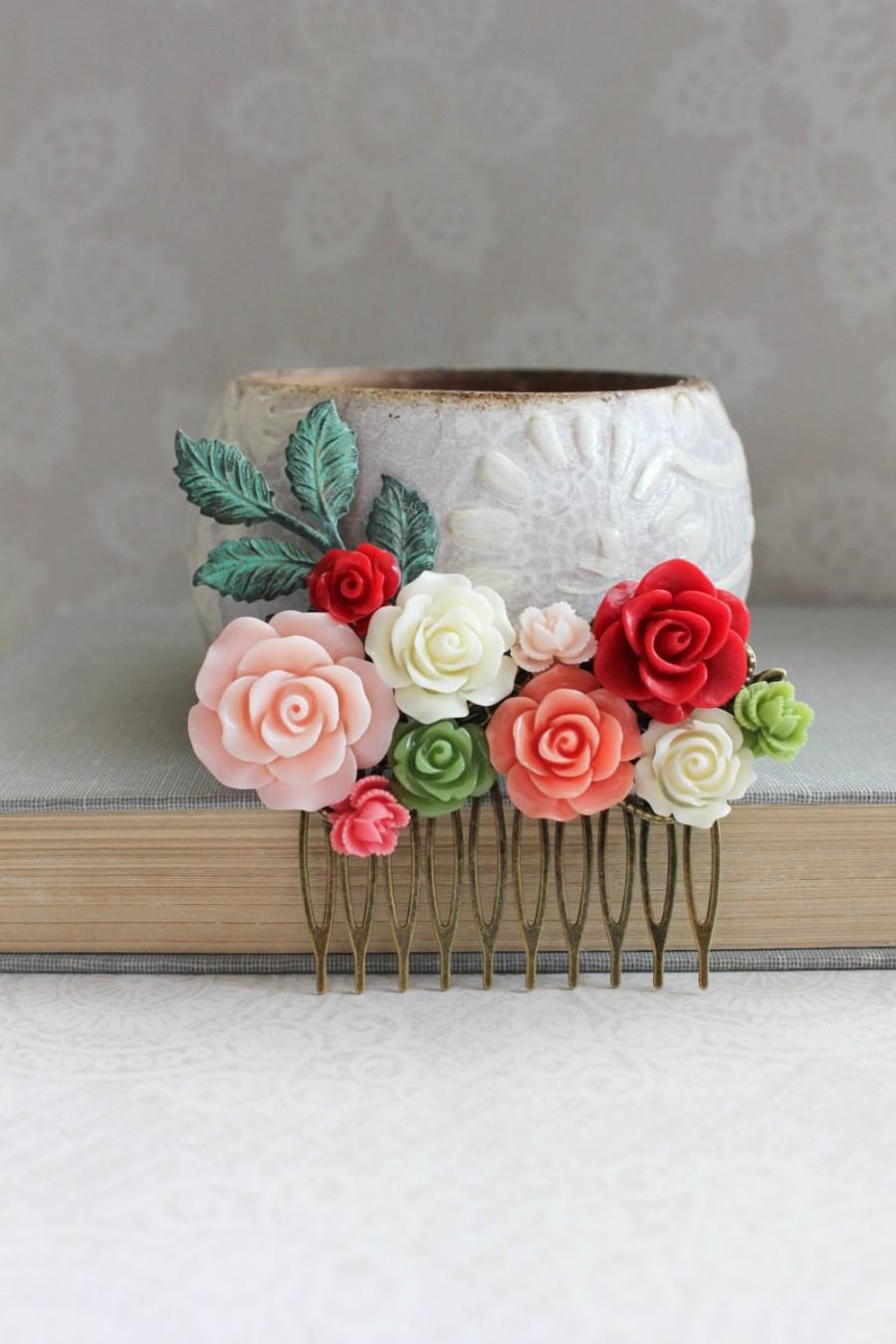 Свадьба - Bridal Hair Comb Bright Red Rose Comb Green and Pink Wedding Hair Piece Coral Floral Comb Patina Branch Hair Comb Bridesmaids Gift Flowers