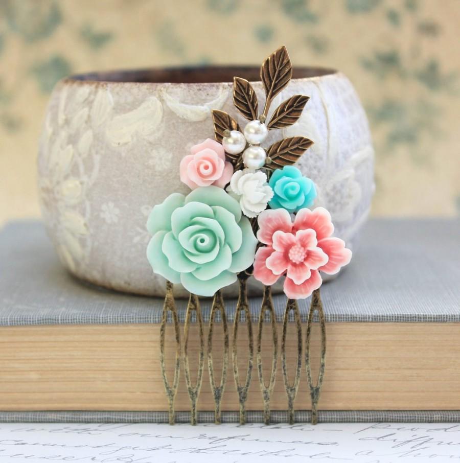 Свадьба - Pink Bridal Hair Comb Aqua Mint Rose Comb Metal Hair Comb Wedding Hair Flowers Bridal Hair Accessories Leaf Branch French Country Style